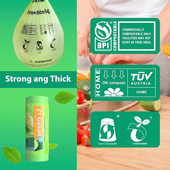 GreFusion Compostable Trash Bags 21 gallon,20 Count,Extra Thick 1.28 Mills,Fits13-25 gallon trash can, Extra Strong and thick,Compostable Lawn & Leaf Yard Waste bags,ASTM D6400,Bpi Certified