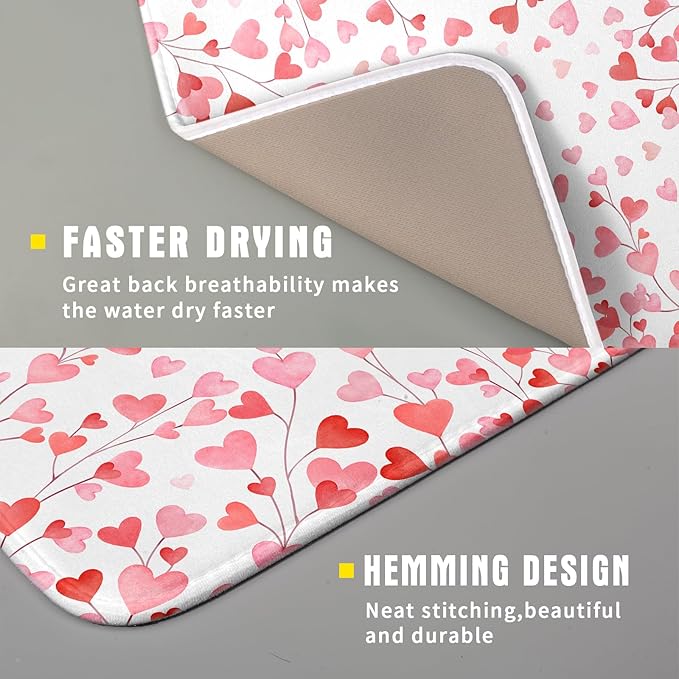 Valentines Day Dish Drying Mat for Kitchen Counter 18x16 Inch Love Drying Mat with Absorbent Reversible Microfiber Pink Heart Dish Drainer Mats Rack Pad for Coffee Countertop Protector