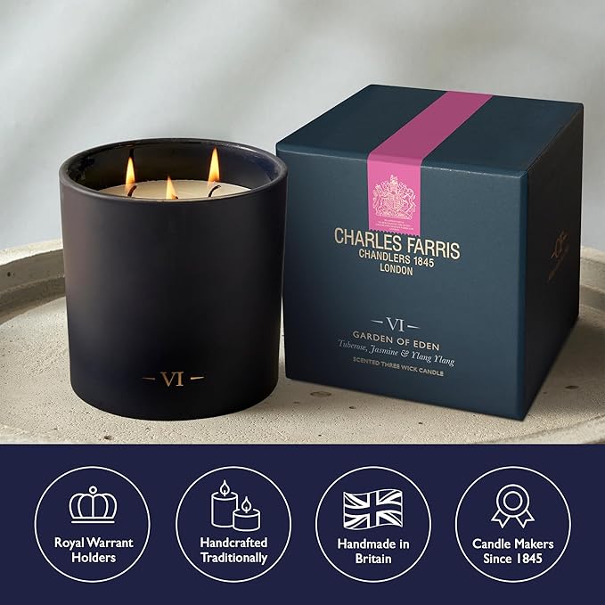 Charles Farris Luxury Scented Candle – 3 Wick, Hand-Poured, Long Lasting, Clean Burning, 640g / 22.5oz, Up to 80 Hours of Burn Time, Made in England – Tuberose, Jasmine & Ylang Ylang – Garden of Eden