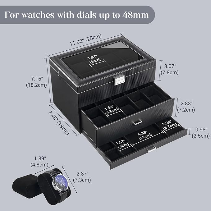 ProCase 20 Slot Watch Box for Men, 3-Layer Watch Display Case with Glass Lid, Watch Holder with Drawer, Jewelry Storage Organizer for Watches Straps Rings -AllBlack