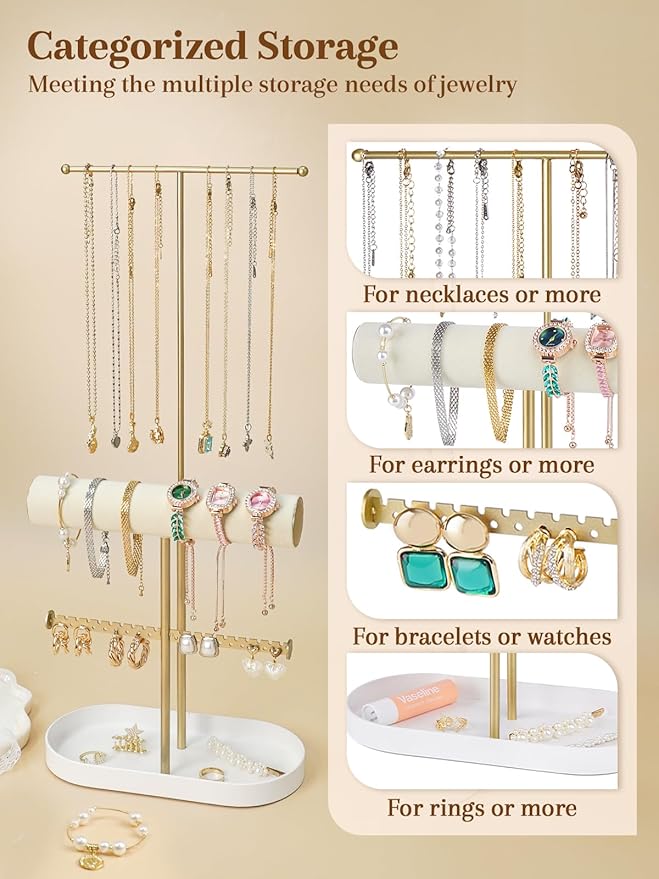 Jenseits 2-Tier Gold Jewelry Organizer Stand with Ring Holder & Tray – Elegant Jewelry Holder Display for Necklaces, Bracelets, Earrings, Rings, and Watches – Perfect Storage Rack & Gift for Women