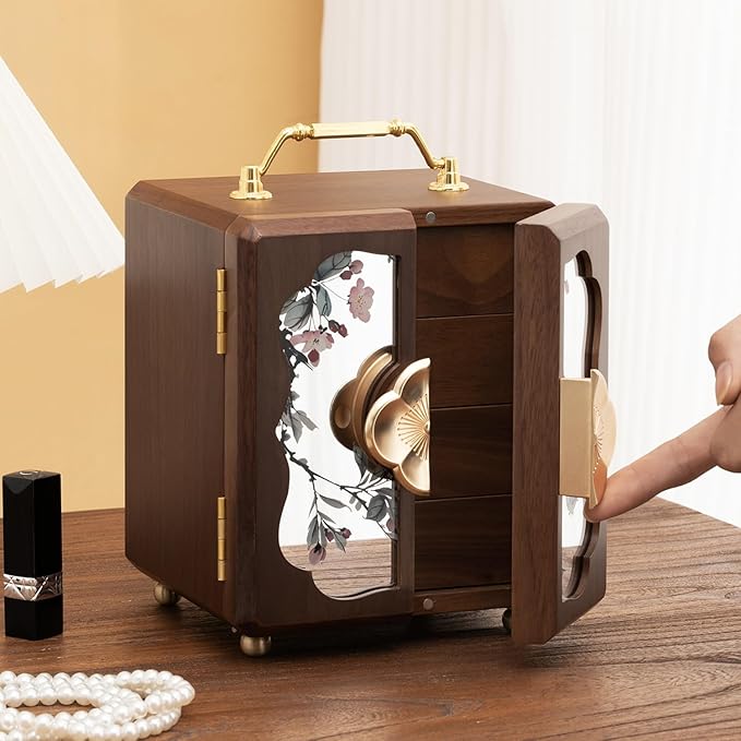 Black Walnut Jewelry Organizer, Wooden Jewelry Box with Gold Handle & Mirrored Flowers, 4 Layers of Storage | Perfect for Anniversaries, Birthdays, Weddings (Brown, 6.29"D x 5.9"W x 7.08"H)