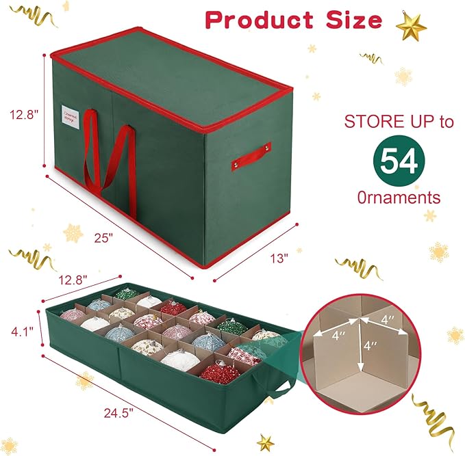 Christmas Ornament Storage Box, Stores Up to 54-4" Ornaments, 3 Individual Trays, Adjustable Dividers, 600D Oxford Fabric, Large Organizer Bin to Protect and Store Holiday Décor