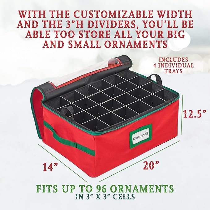 HOLDN’ STORAGE Christmas Ornament Storage Box with Dividers - Fits 96-3” Ornaments, 4 Removable Trays, Durable & Space-Saving, Clear Top Lid, Convenient Storage Designed, Red