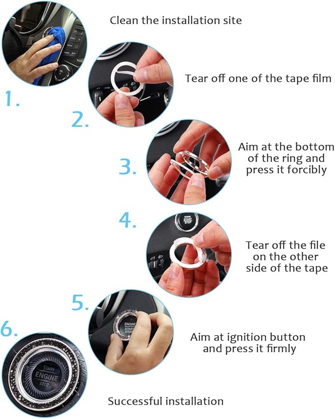 ToBeQueen Bling Car Crystal Rhinestone Ring Emblem Sticker, Car Interior Decoration, Bling Car Accessories for Women, Push to Start Button, Key Ignition Starter & Knob Ring (Black)