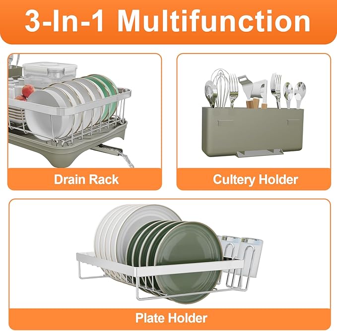 HOMEBOSILY Dish Drying Rack, 2 -Tier 304 Stainless Steel Adjustable Spout Auto-Draining Dish Rack, Space Saving Dish Drainer with Drainboard and Utensil Holder for Kitchen Counter Grey