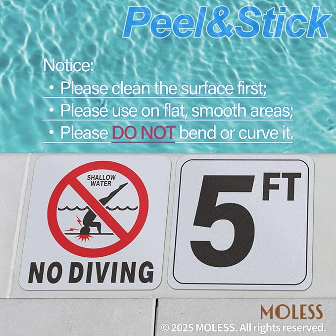 5FT Pool Depth Marker Stickers – 6x6″ Anti-Slip Vinyl Tile Stickers for Swimming Pool Safety Signs, Adhesive Pool Depth Markers for Decks, 5 FT (1 Pack)