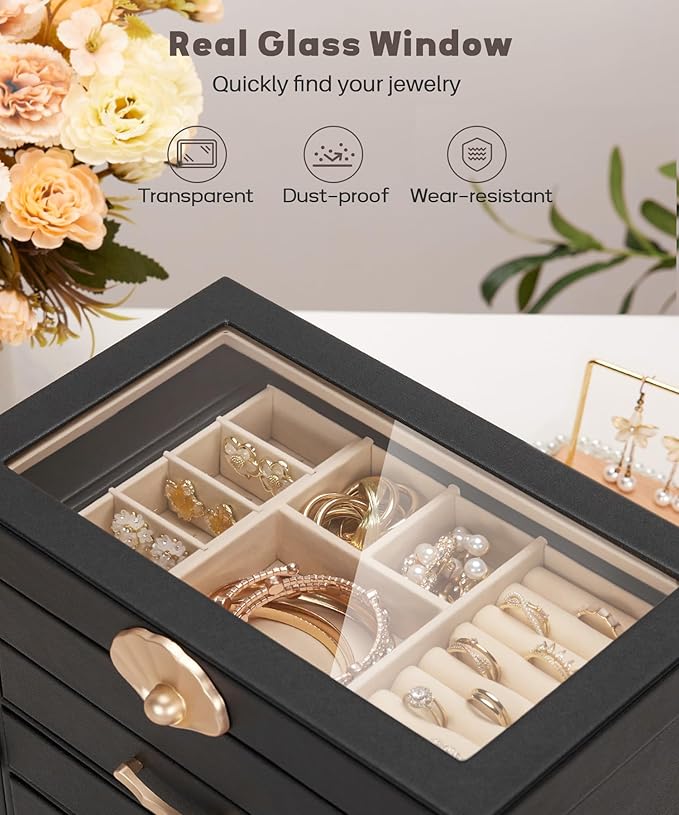 Jewelry Box with 3 Drawers: Display Organizer for Earrings Necklaces - Gifts for Girls Women (Black)