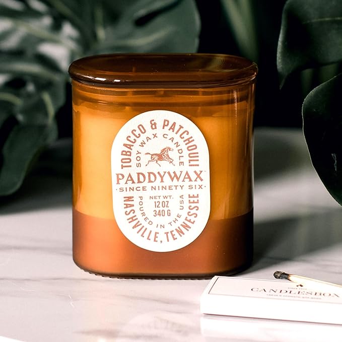 Paddywax Vista Scented Candle with Lid in Reusable Tonal Glass Jar, Clean-Burn 2-Wick Soy Candle with Approx. 84 Hour Burn Time, Decorative Gift Candles for Home, Tobacco & Patchouli, 12 oz