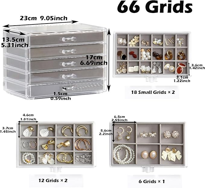 Jewelry Organizer with 5 Drawers Clear Acrylic Earring Display Case Velvet Jewelry Storage Box Display Holder for Earring Ring Bracelet Necklace (Gray, 66 Grids)