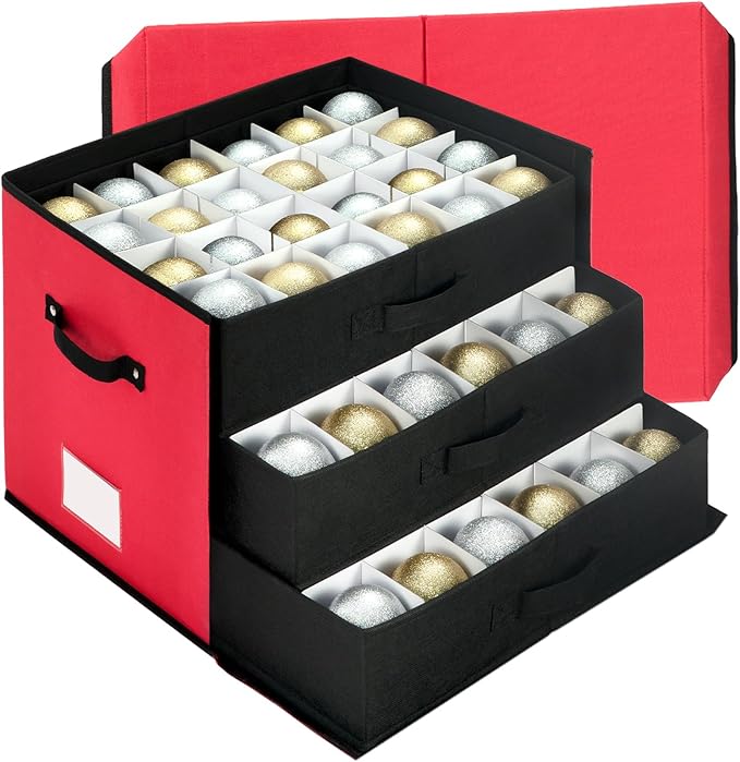Large Christmas Ornament Storage Box With Adjustable Dividers,Ornament Storage Container with 3 Removable Trays for 72 Holiday Decorations,Red