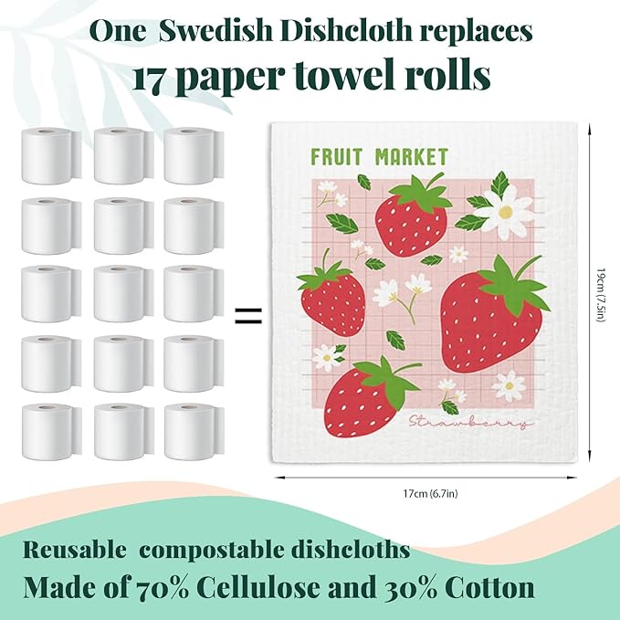 LARTSFRO Swedish Dishcloths for Kitchen, Pink Strawberries Peach Cherry Lemon Swedish DishCloths for Friut Market, 4 Pack Dish Towels for Kitchen, Papaya Reusable Paper Towels Washable