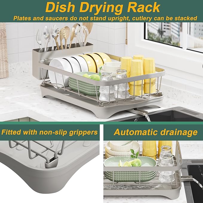 LIYI Dish Drying Rack, Adjustable Spout Design,Kitchen Dish Racks,Made of Iron Material,with Removable Draining Board,Suitable for Kitchen and Caravan Use Scenarios,Grey