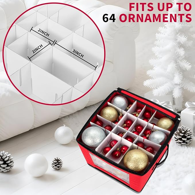 Christmas Ornament Storage Box With Adjustable Dividers,Ornament Storage Container with Two Handles for 64Holiday Decorations,Red
