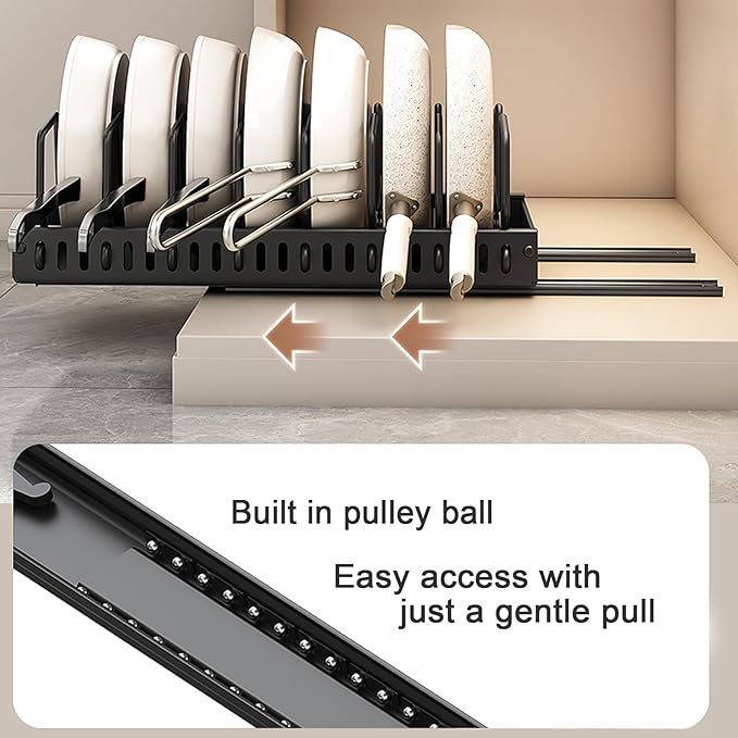 Enskatec 2 Pack Pots and Pans Organizer Under Cabinet, Sliding Pot Lid Holder and Pan Rack in Kitchen, Pull out Pot and Pan Organizer, for Pot Lid, Bakeware, Dishes, Pots and Pans Storage