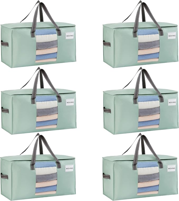 VENO 6 Pack Moving Bags, Christmas Storage Bins, Moving Boxes Alternative, Comforter and Blanket Storage Bags, College Dorm Packing Supplies, Foldable Heavy-Duty Tote (Light Green Matte, 6 Pack)