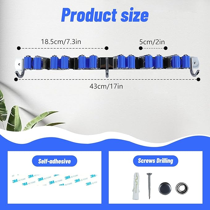 Broom Holder Mop Hanger Wall Mount Metal Organization Garage Storage System Laundry Room Closet Shed Garden Kitchen Tool Organizer (6 Racks with 3 Hooks, Blue)