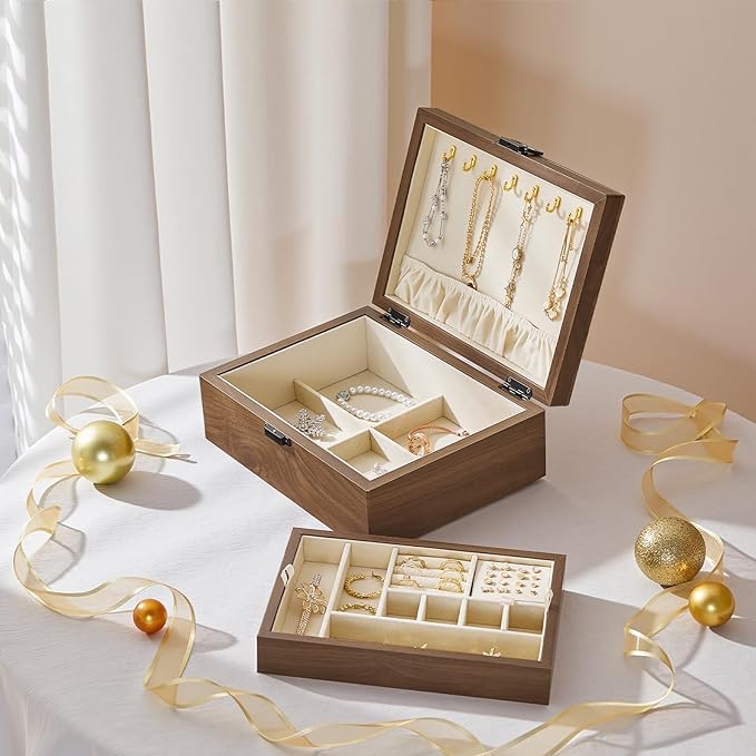 HOOBRO Wooden Jewelry Box for Women Girls, 2-Tier Jewelry Organizer with Removable Tray, Jewelry Storage Case with Clasp, for Necklace, Ring, Bracelet, Watch, Walnut BH29JB04