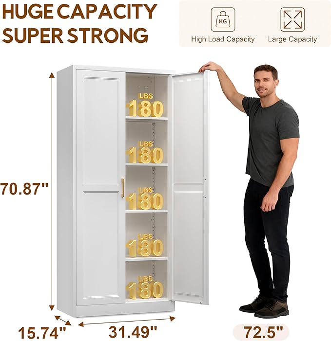71" Kitchen Pantry Cabinet, Pantry Storage Cabinet with Doors and 4 Shelves, Metal Storage Cabinets for Kitchens, Living Room, Dinning Room, Assembly Required, White