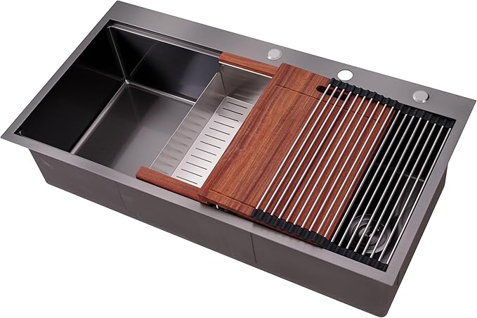 36” x 22 “ Workstation Topmount/Drop-in Nano Black Stainless Steel Sink, 16-Gauge Single Bowl with 15mm Radius, Includes Bottom Grid, Dish Rack, Colander, Strainer & Cutting Board