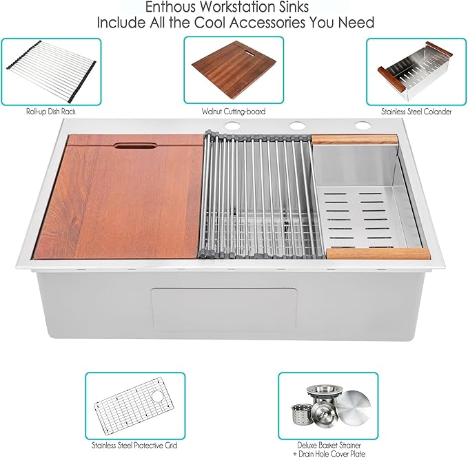 33” x 22” Workstation Topmount/Drop-in Stainless Steel Sink, 16-Gauge Bowl 15mm Radius, Accessories Includes Bottom Protective Grid, Dish Rack, Colander, Strainer & Cutting Board