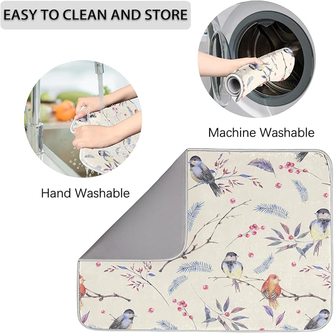 Hexteria Vintage Birds Dish Drying Mat Microfiber Kitchen Drying Mat Dish Drying Mats for Kitchen Counter Absorbent Quick Drying Pad 18x24 Inch