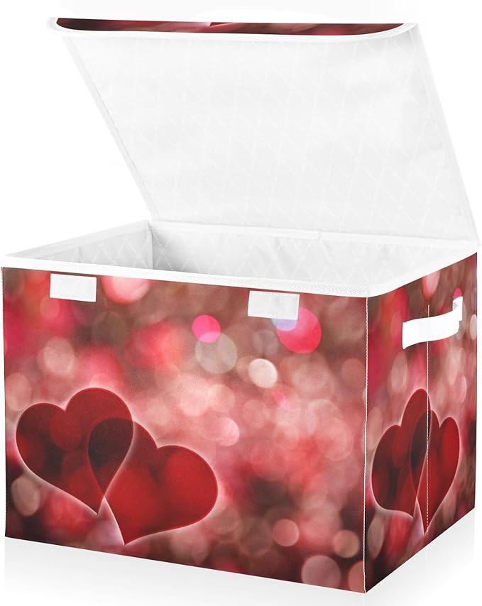 Valentines Baskets Collapsible Storage Bins with Lids, Hearts Bokeh Effect Storage Boxes Clothes Baskets for Organizing