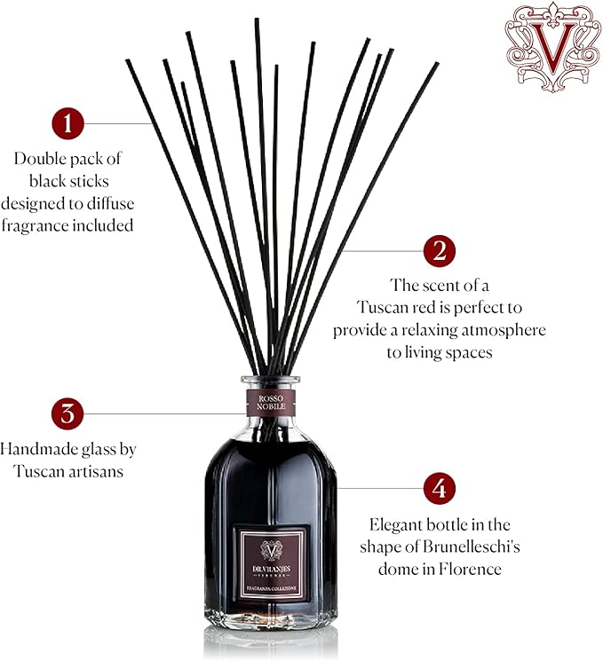 Dr. Vranjes - Rosso Nobile 500 ml Diffuser + Double Pack of Black Sticks (3 Pieces Bundle) - Luxury Home Fragrance, Made in Italy, Main Scent Fruity: Orange, Strawberry and Red Berries, Birch