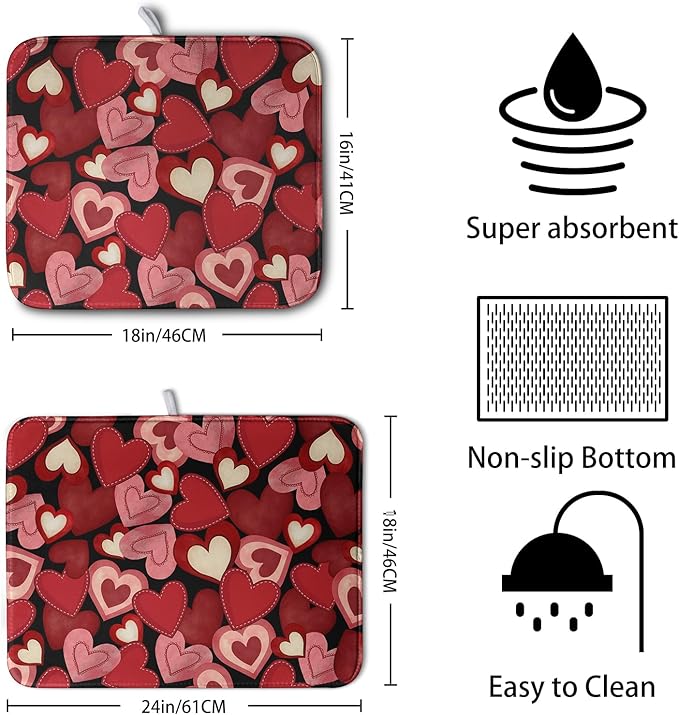 Kwlegh Valentine Dish Drying Mat for Kitchen Counter Red Black Love Heart Drying Pad Microfiber Absorbent Coffee Bar Mat Heat Resistant Countertop Protector Dishes Drainer Mat 16x18 Inch