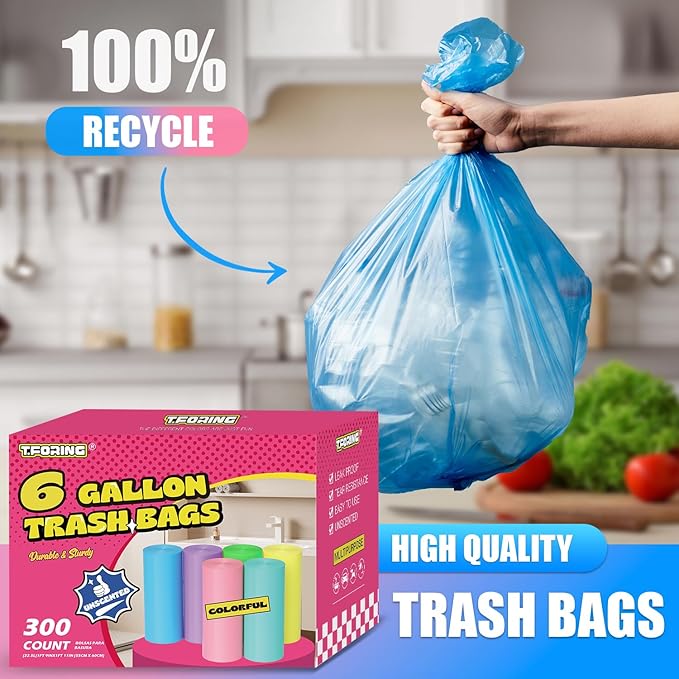T.FORING 300 Count 6 Gallon Trash Bags - 22 Liter Colored Medium Garbage Bags Unscented 0.94 Mil Thick & Leakproof Wastebasket Liners for Kitchen Bathroom Home