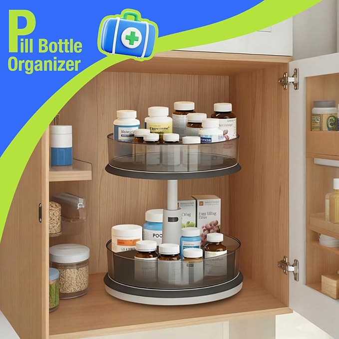 DIHUMK 2 Tier Lazy Susan Turntable Organizer for Medicine Cabinet Bottle Pantry Countertop with Clear Large Spice Rack 11 Inch Grey