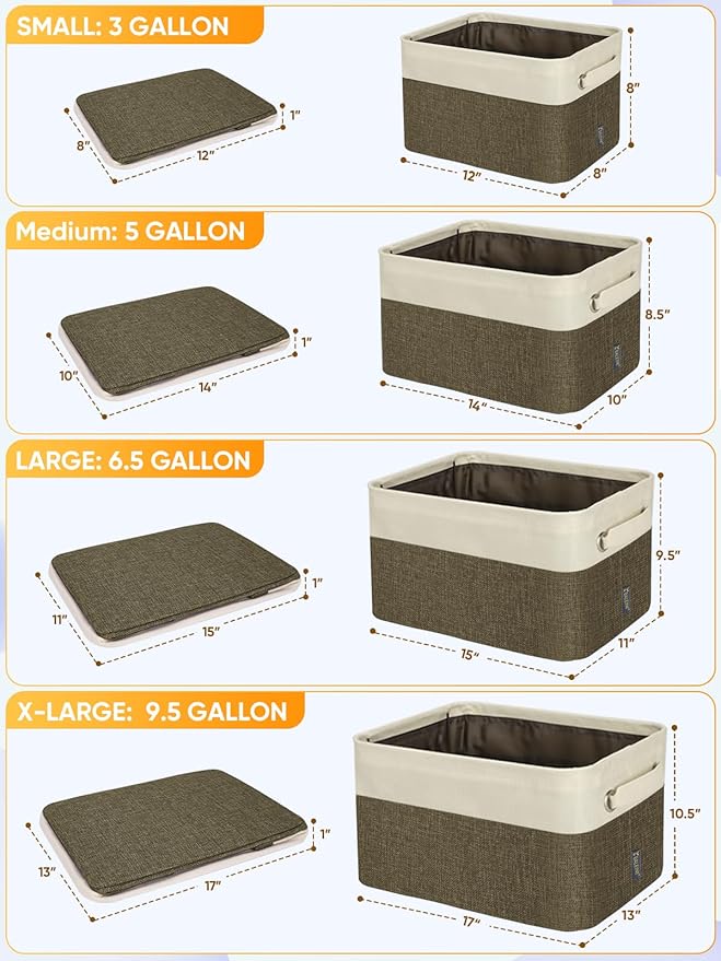BALEINE 3 Pack Fabric Storage Bins for Shelves, Linen Storage Baskets for Organizing, Decorative Closet Bins for Clothes, Home (Brown, 17''x13''x10.5'')