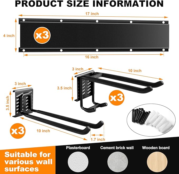 Garden Tool Organizer - Garage Storage Organization Wall Mount 48 Inches, 440lbs Adjustable Heavy Duty Metal Hooks,Yard Shed Organizer Rack Holder System Hanging Rake Broom Mop with 6 Adjustable Hooks