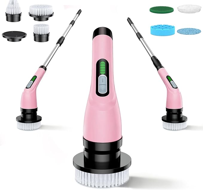 VigorDay Electric Spin Scrubber - Cordless Bathroom Scrubber with 7 Brush Heads - Dual Speed IPX7 Waterproof Power Scrubber for Heavy-Duty Bathtub, Glass, Tile, and Car Cleaning (Pink)