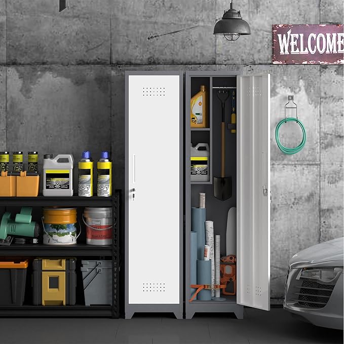 Metal Garage Storage Cabinet,Broom Closet Storage Cabinet,Utility Closet Cabinet for Garage,Office,Gym,Grey-White
