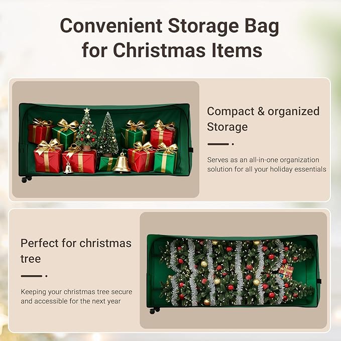 ELYKEN 7.5FT Christmas Tree Storage Bag with Wheels, Rolling Storage Bag for Artificial Christmas Tree and Decorations, Heavy Duty 600D Oxford Fabric, Length-Adjustable Handles, Dual Zippers, Green