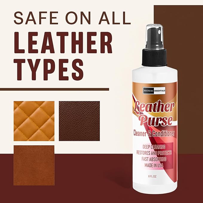 Riverside Essentials 8oz Leather Purse Cleaner & Conditioner – 3-in-1 Spray for Handbags, Designer Bags & Luxury Purses – Deodorizes, Cleans, Conditions & Restores Leather – Safe on Finishes