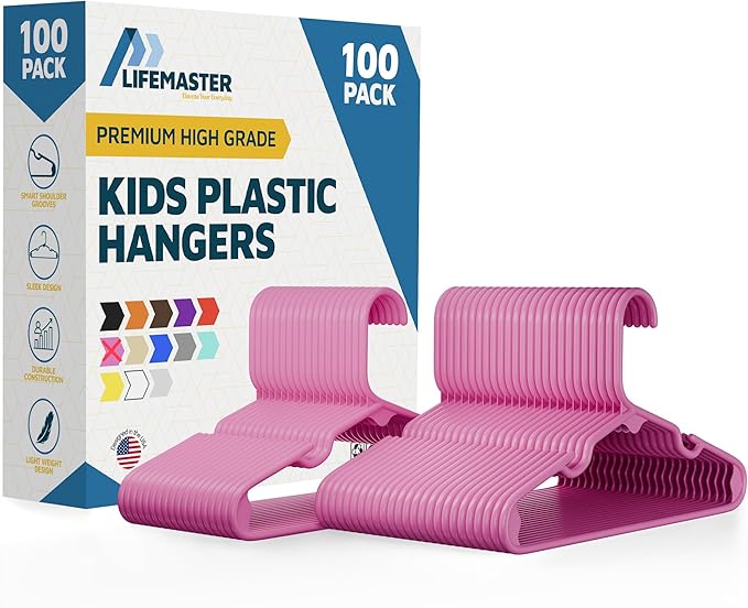 Lifemaster Plastic Kids Clothes Hangers – Children Clothes Hanger with Shoulder Notch, 11.6 Inch Space-Saving Closet Organizer for Baby, Toddler, and Kids Clothing, Hold Up To 5 lbs, Pack of 100, Pink