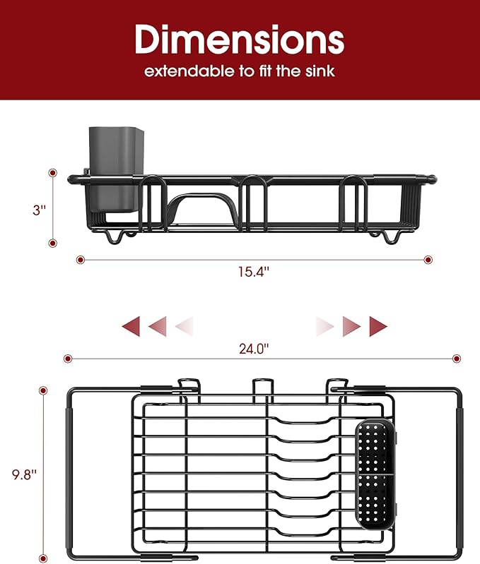 Sakugi Dish Drying Rack in Sink - Expandable Stainless Steel Dish Rack Over The Sink, Kitchen Sink Drain Strainer with Cutlery Holder & Cup Holders, 15.4 x 9.8 x 3.0 Inch, Black