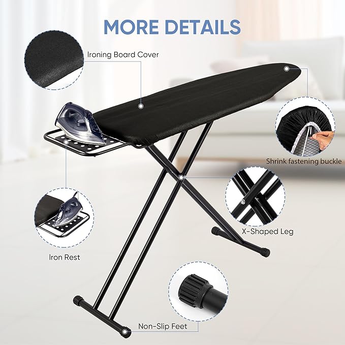 Jakeefud Full Size Ironing Board 15" X 47" with Heat Resistant Cover and Thicken Felt Pad, Safety Iron Rest, Heavy Duty,Anti-Skid Feet, Height Adjustable