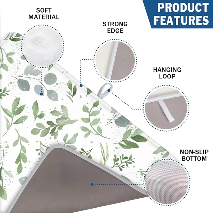 ABSOP Spring Summer Sage Green Leaves Dish Drying Mat 16 x 18 Inch Spring Eucalyptus Leaf Dish Drainer Rack Mat Absorbent Microfiber for Holiday Kitchen Coffee Dining Bar Decor