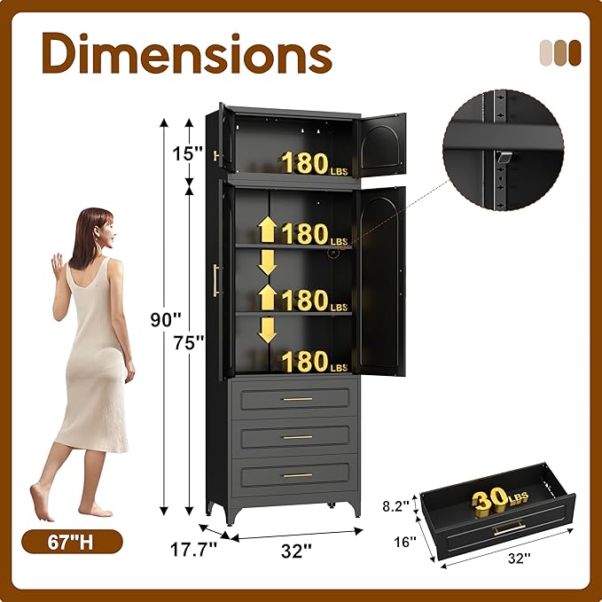 90" Pantry Kitchen Cabinet with Drawer, 75" Pantry Cabinets with 15" Cabinets, Freestanding Kitchen Storage Cabinet for Dining Room, Living Room, Alacena para Cocina, Assembly Required, Black
