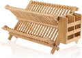 NOVAYEAH Bamboo Dish Drying Rack-2 Tier, Collapsible Small Dish Rack with Utensil Holder, Wooden Drying Rack for Kitchen Counter, Apartment Essentials Kitchen Plate Holder Organization 34 pcs Grid