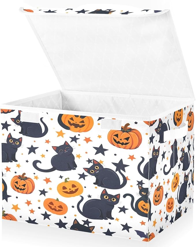 Bolaz Storage Bins with Lids and Handles,Black Cat Pumpkin Pattern Storage Box Basket with Cover Collapsible Organizer Containers for Home Closet, Shelves
