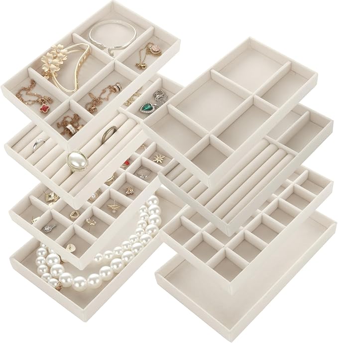 GBACHOOSE Set of 8 Velvet Jewelry Tray, Jewelry Drawer Organizer Stackable Jewelry Drawer Inserts for Earring, Ring, Brooch, Watch, 8.3"x4.8"x1"(4 Styles)