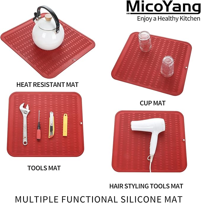 MicoYang Silicone Dish Drying Mat for Multiple Usage,Easy clean,Eco-friendly,Heat-resistant Silicone Mat for Kitchen Counter or Sink,Refrigerator or Drawer Liner Red 2XL 24 inches x 18 inches