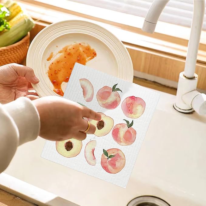 LARTSFRO Peach Swedish Dishcloths for Kitchen, Pink Peach Cute Swedish Dish Cloths for Friut, Papaya Reusable Paper Towels, 4 Pack Cleaning Cloth for Kitchen, Reusable Paper Towels Washable