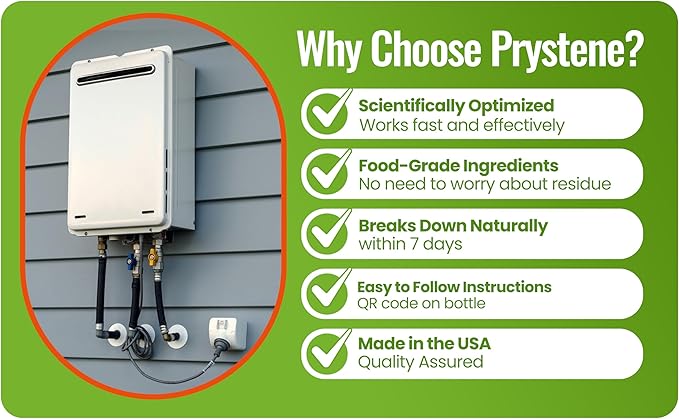 Prystene Tankless Water Heater Descaler Solution (32 Fluid Ounces) - Professional-Grade Descaler/Cleaner Restores Heating Efficiency. Easy to Use, Food Grade Ingredients, Biodegradable, Made in USA.
