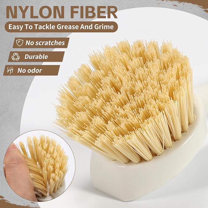 DEBETOOL Dish Brush with Built-in Scraper - 4 Pack Bamboo Dish Scrubber Brush with Handle, Kitchen Brushes for Dishes & Pots, Sink, Eco Cleaning Tool Set