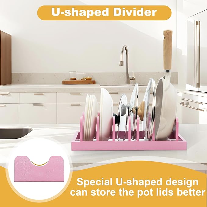 MinBoo Bamboo Pot Lid Organizer Pot Lid Holder, Pot and Pan Organizer Drawer Organizer for Pot Lids, Pans, Dinner Plates, Reusable Containers in Cabinet Storage,Pink